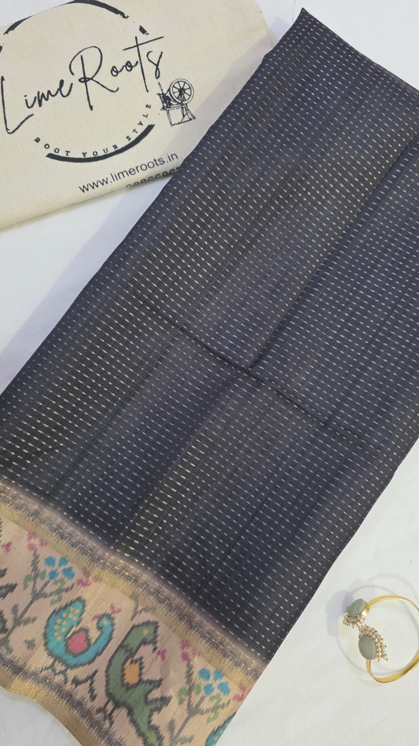Gray Ikat printed Tussar Silk Saree