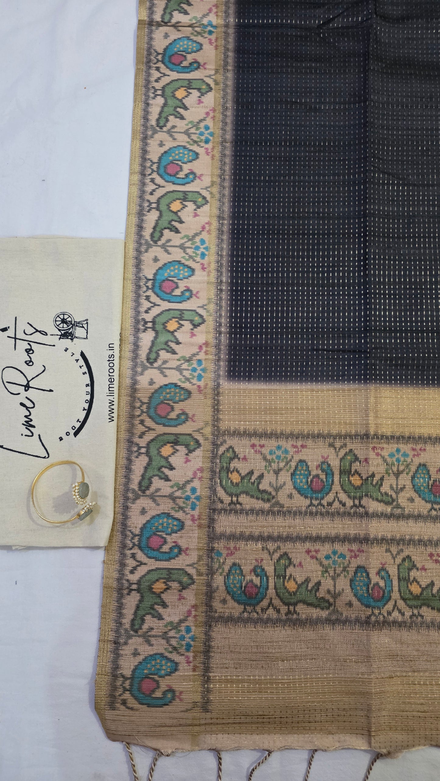 Gray Ikat printed Tussar Silk Saree