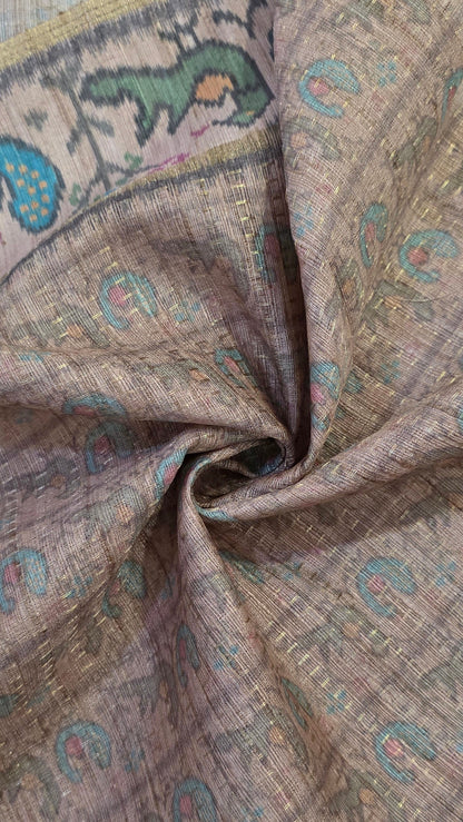 Gray Ikat printed Tussar Silk Saree