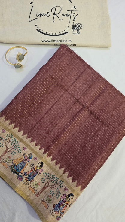 Brown Ikat printed Tussar Silk Saree