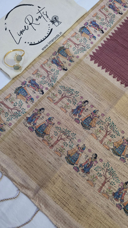 Brown Ikat printed Tussar Silk Saree