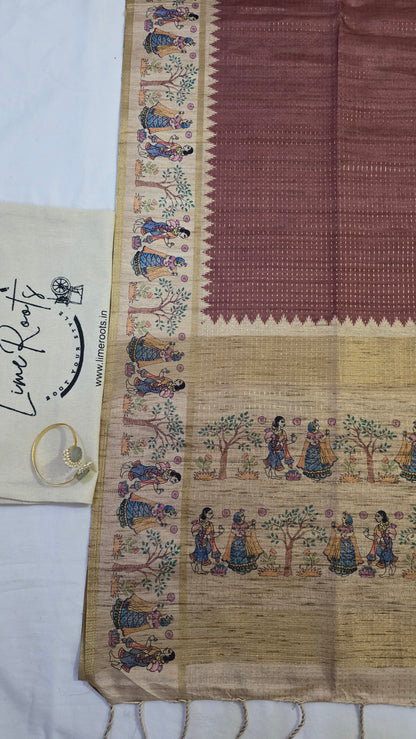 Brown Ikat printed Tussar Silk Saree