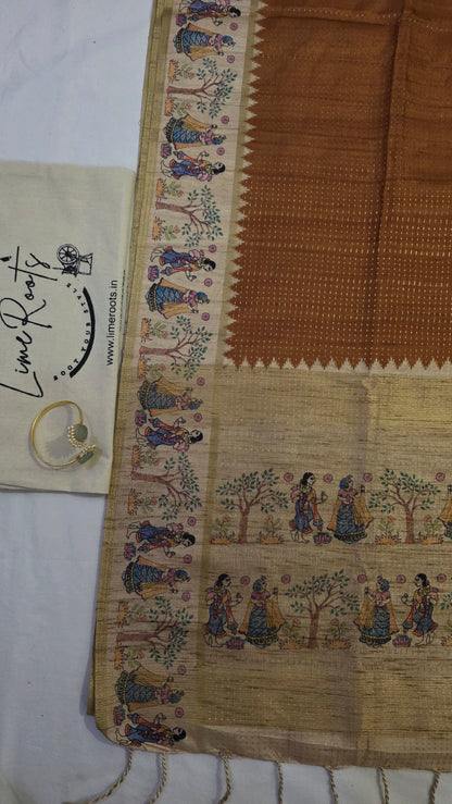 Yellow Ikat printed Tussar Silk Saree