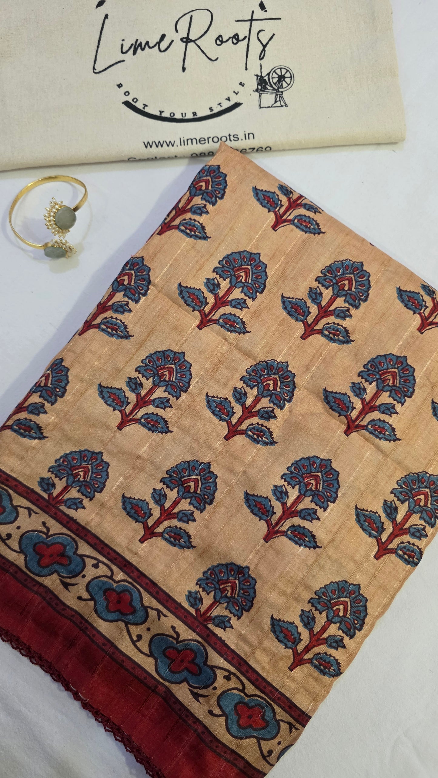 Ivory and maroon Ikat printed Tussar Silk Saree