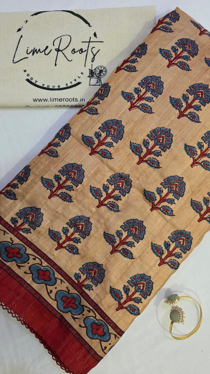 Ivory and maroon Ikat printed Tussar Silk Saree