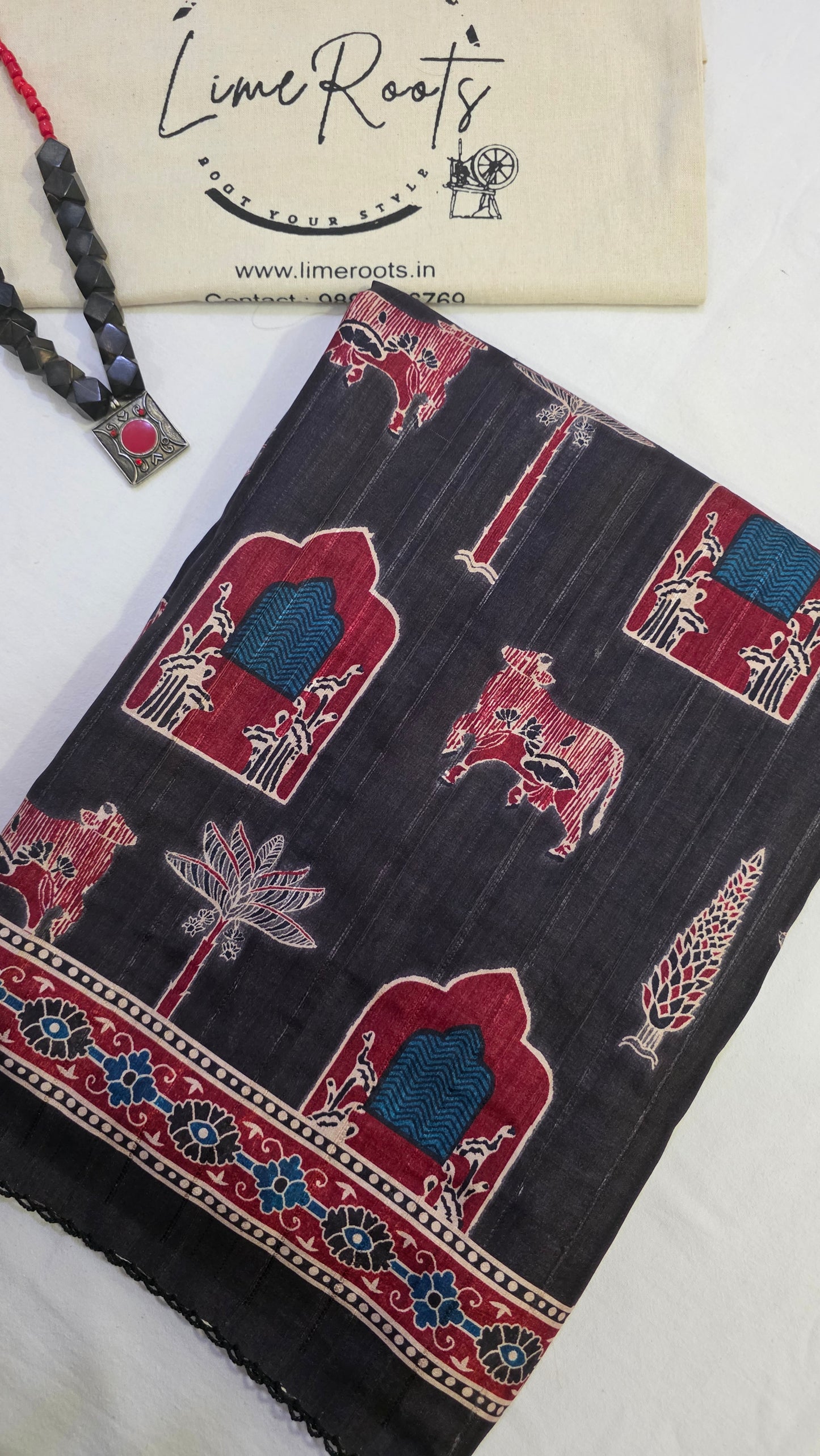 Black Ikat printed Tussar Silk Saree