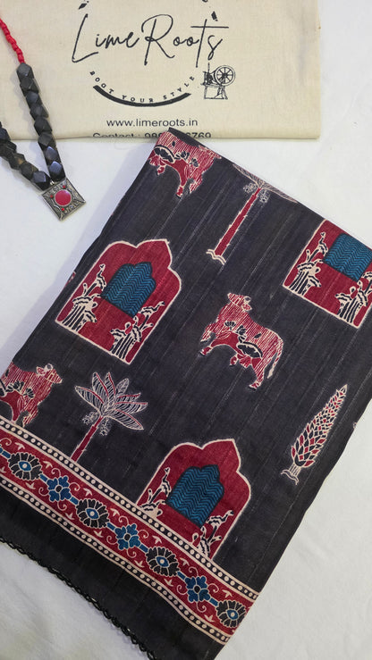 Black Ikat printed Tussar Silk Saree