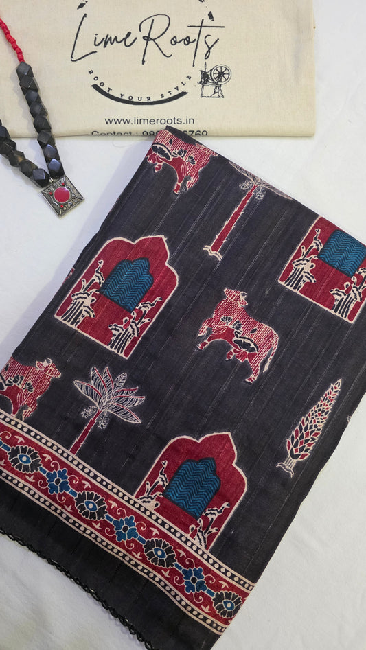 Black Ikat printed Tussar Silk Saree