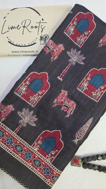 Black Ikat printed Tussar Silk Saree