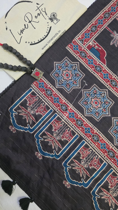 Black Ikat printed Tussar Silk Saree