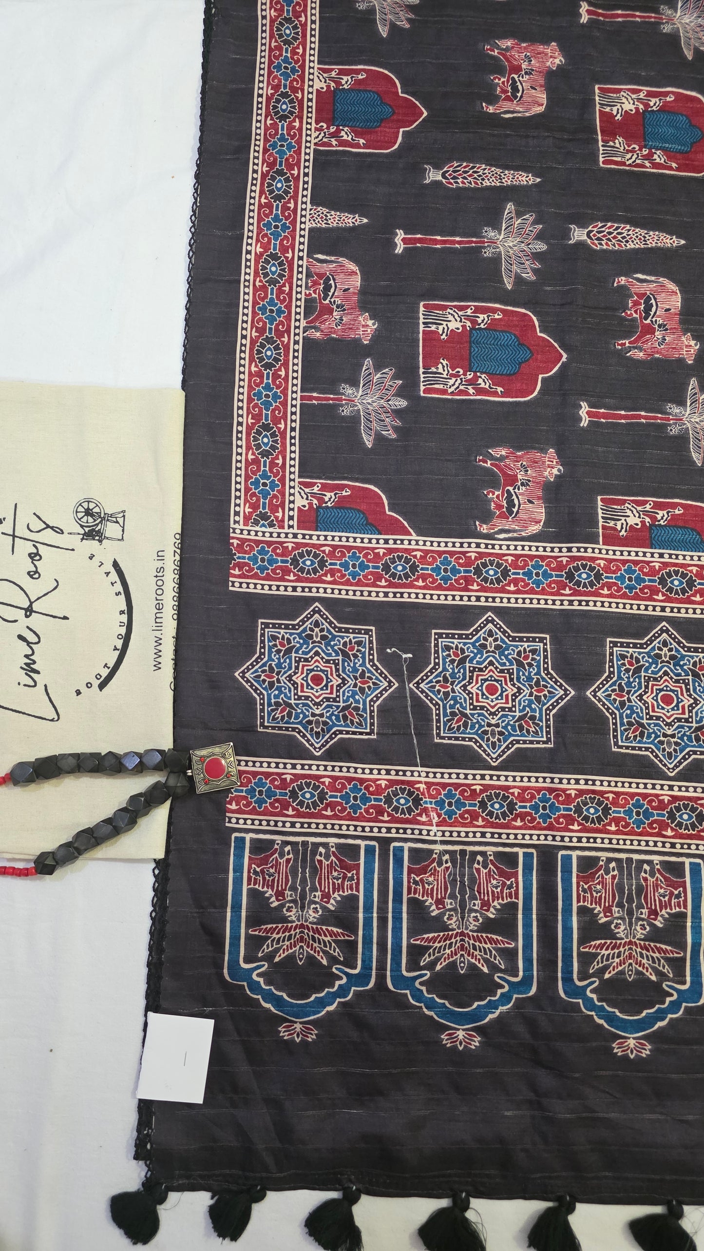 Black Ikat printed Tussar Silk Saree