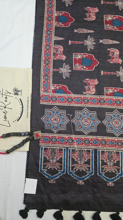 Black Ikat printed Tussar Silk Saree