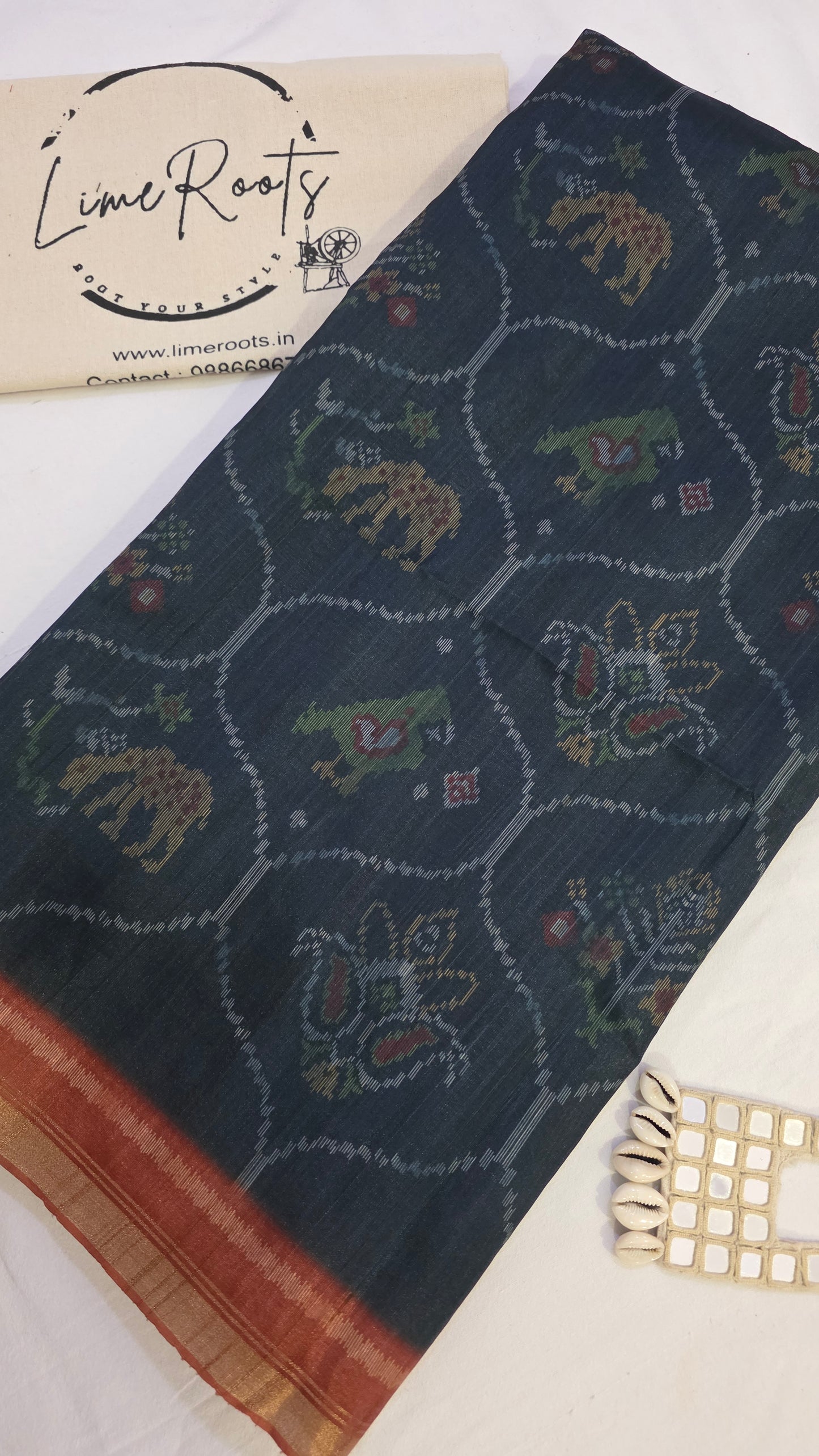 Blue Ikat printed Tussar Silk Saree