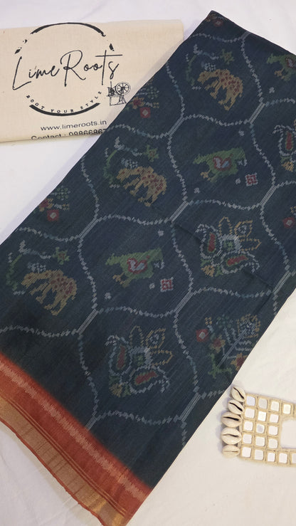 Blue Ikat printed Tussar Silk Saree