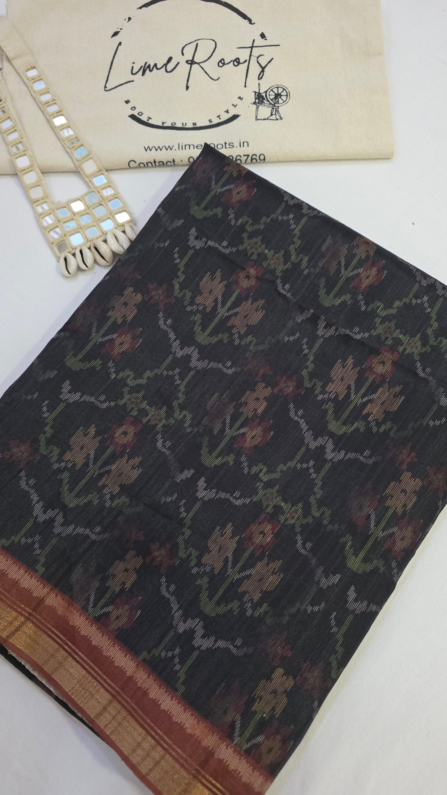 Black Ikat printed Tussar Silk Saree