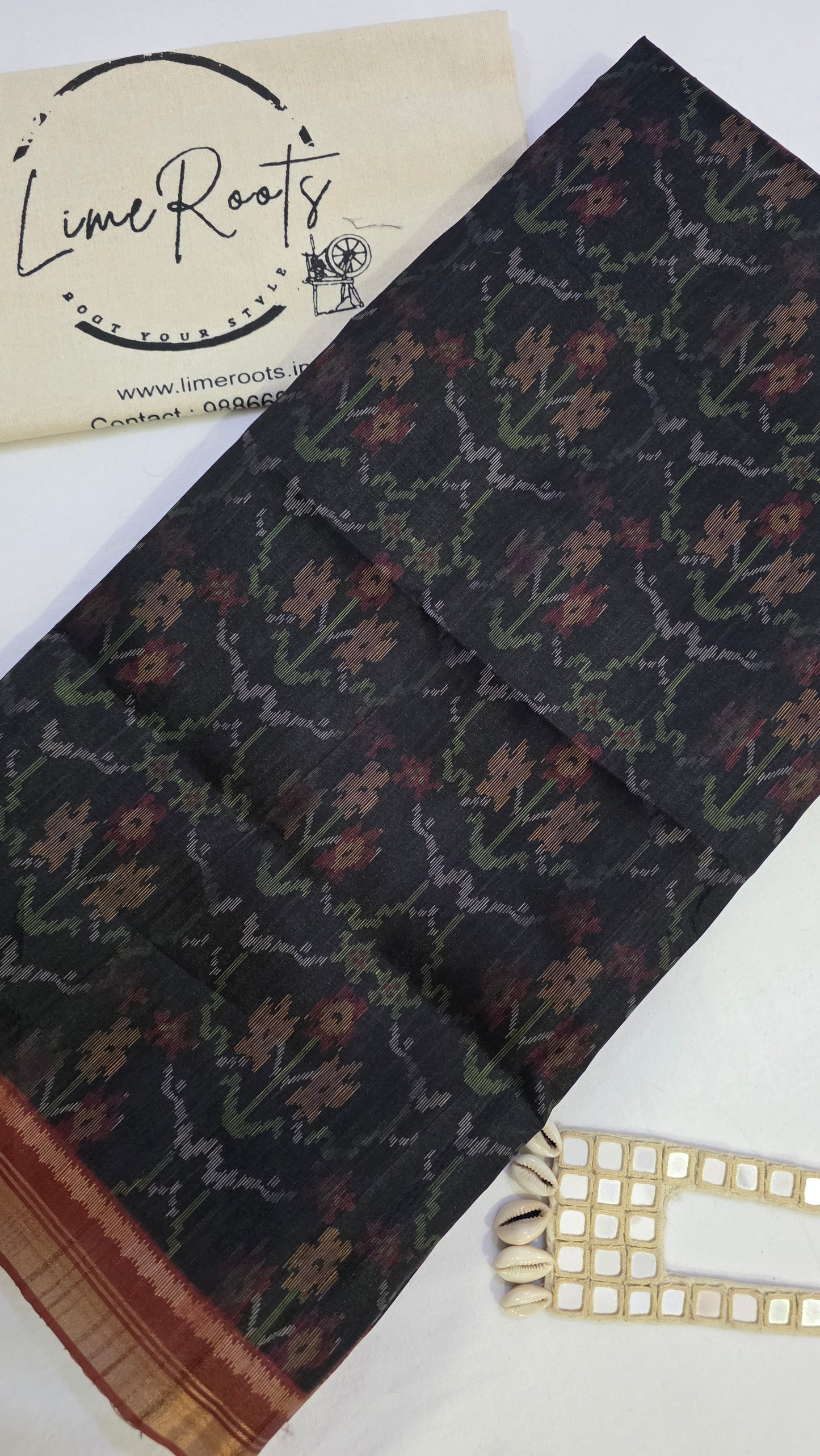 Black Ikat printed Tussar Silk Saree