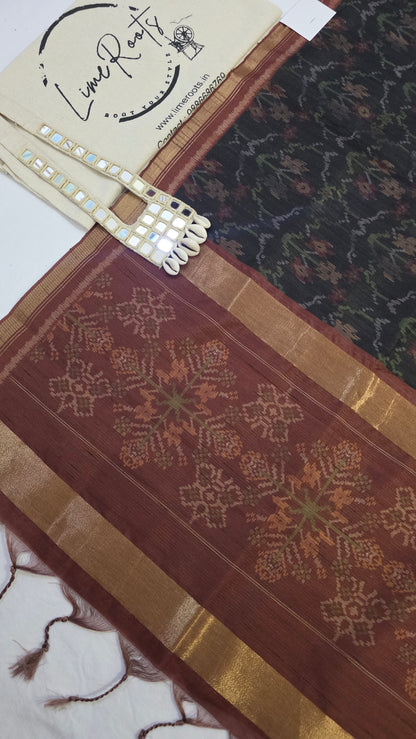 Black Ikat printed Tussar Silk Saree