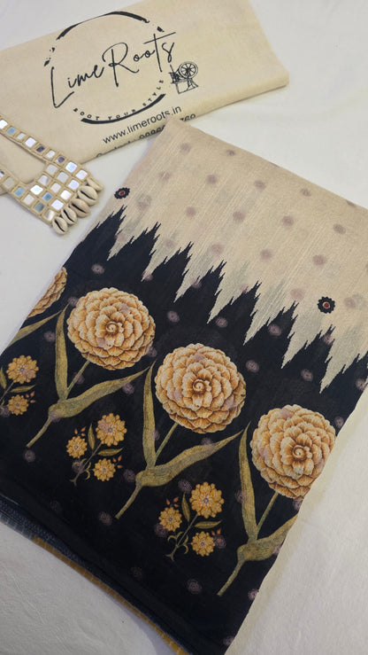 Yellow Ivory Sambhalpuri printed Chhapa Silk Saree