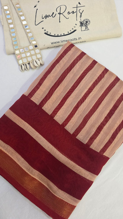 Red and White Handblocked Printed Maheshwari Silk Saree