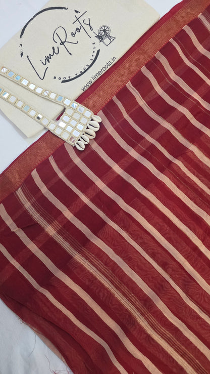 Red and White Handblocked Printed Maheshwari Silk Saree