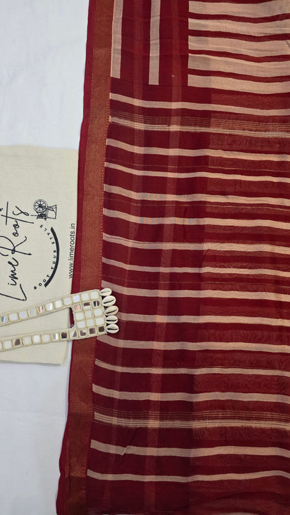 Red and White Handblocked Printed Maheshwari Silk Saree