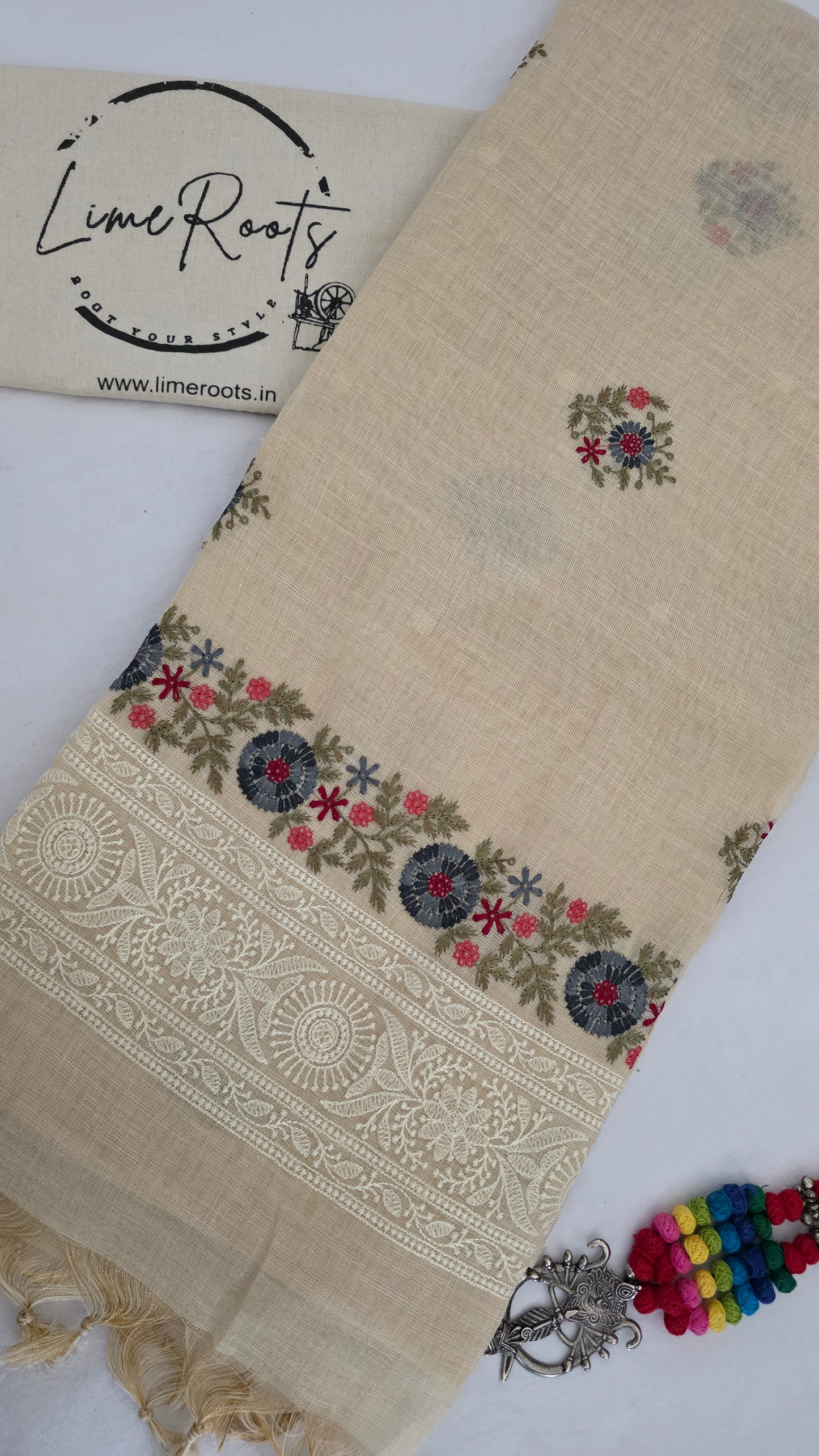 Ivory Embroidered Linen Tissue Silk Saree