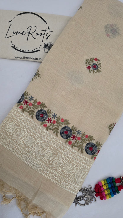 Ivory Embroidered Linen Tissue Silk Saree