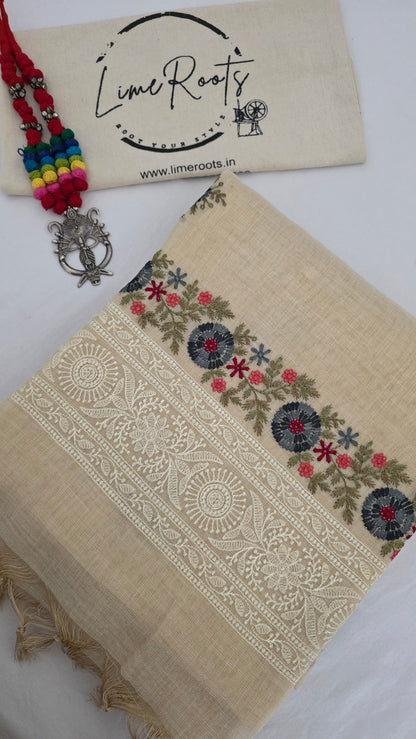 Ivory Embroidered Linen Tissue Silk Saree