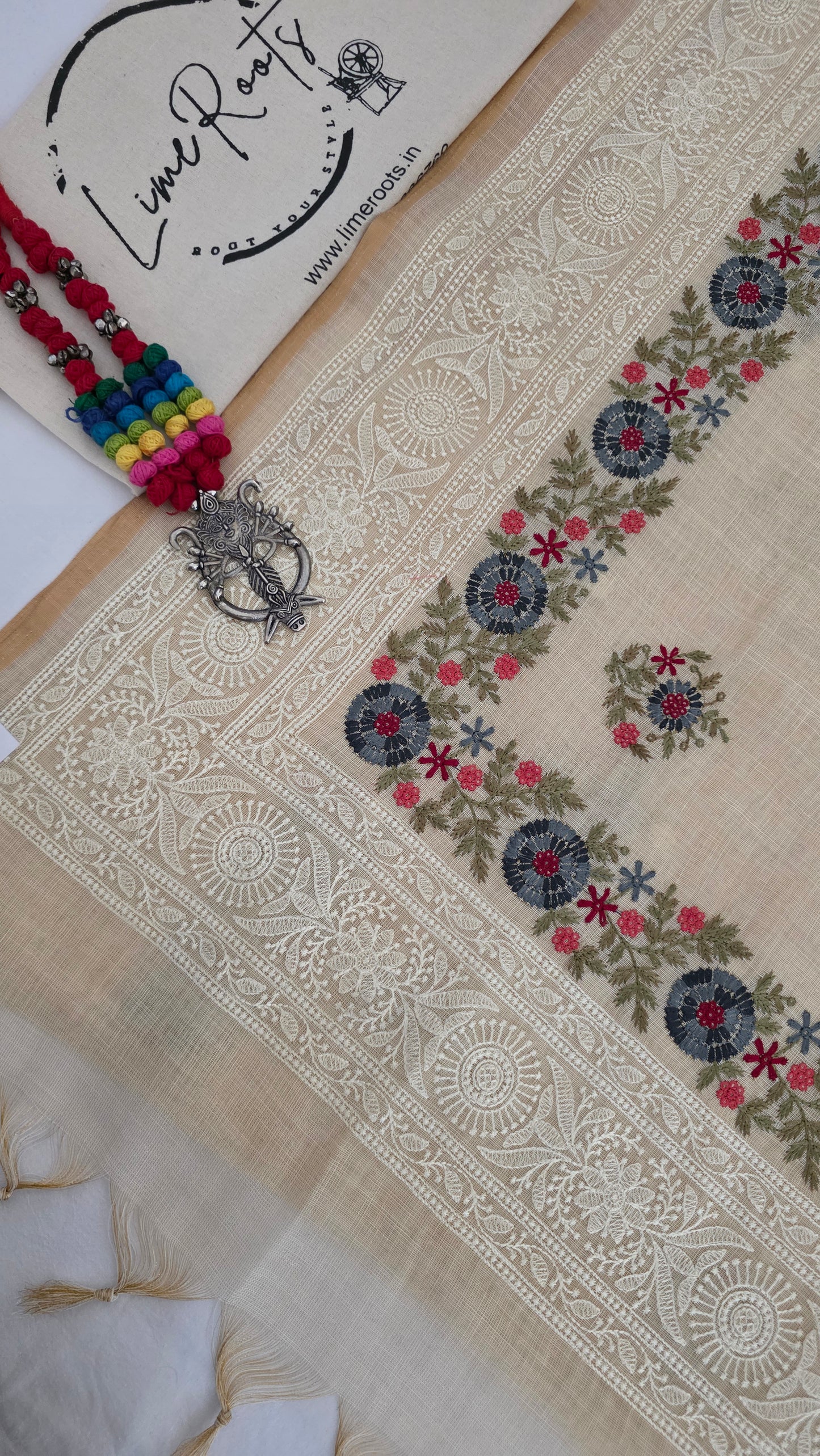 Ivory Embroidered Linen Tissue Silk Saree