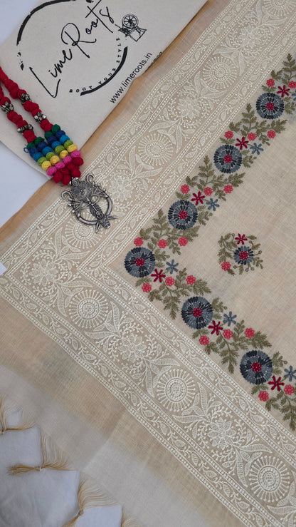 Ivory Embroidered Linen Tissue Silk Saree