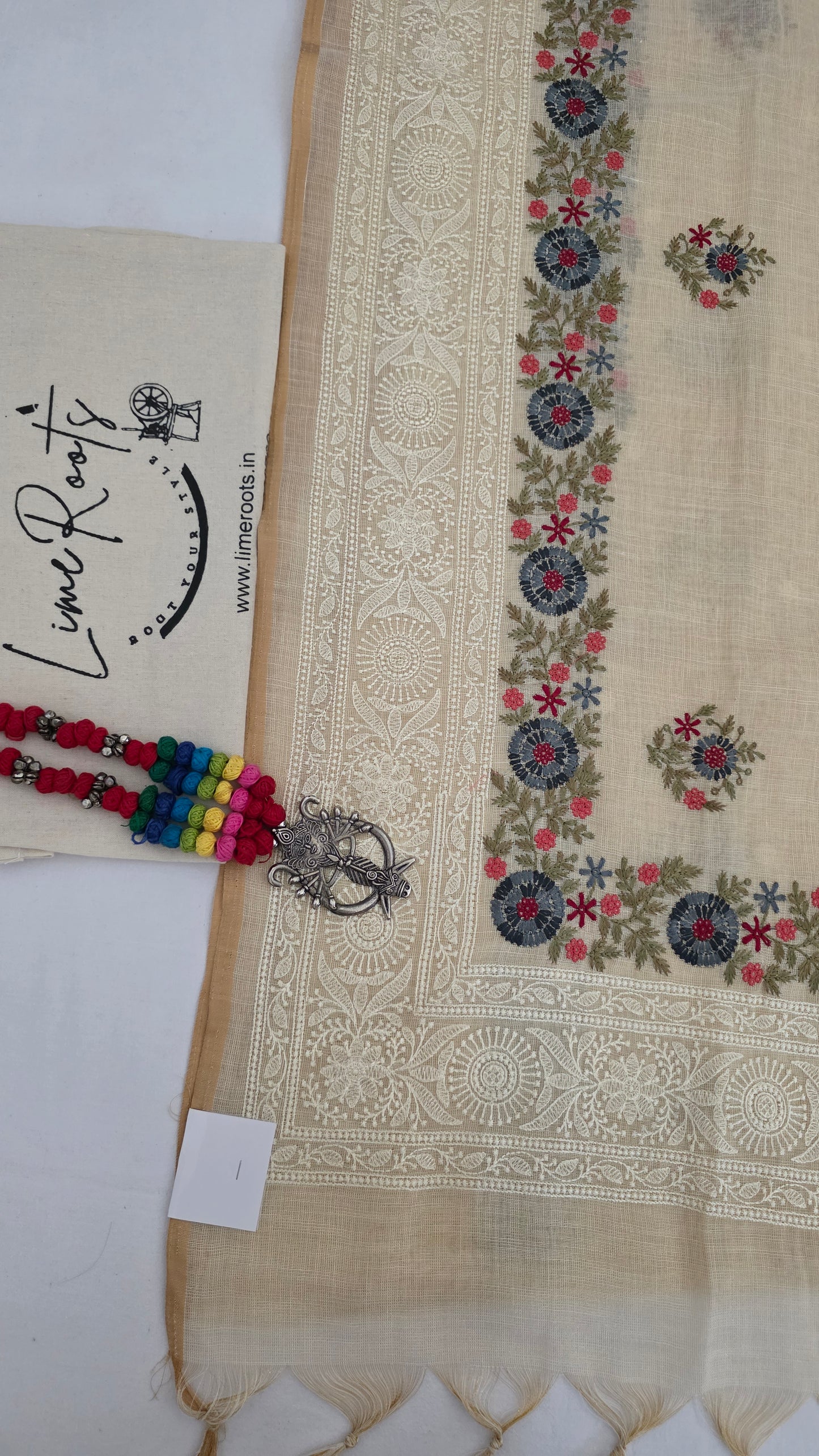 Ivory Embroidered Linen Tissue Silk Saree