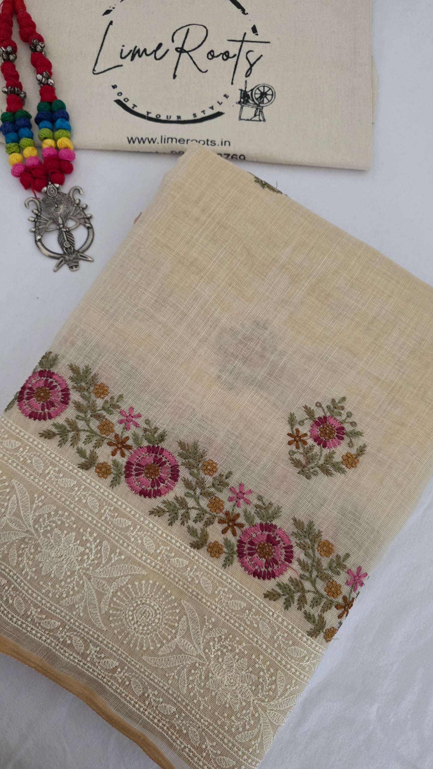Ivory Embroidered Linen Tissue Silk Saree