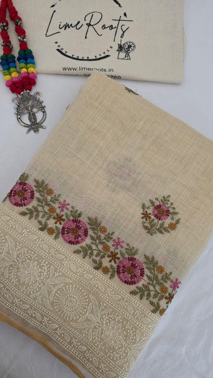 Ivory Embroidered Linen Tissue Silk Saree