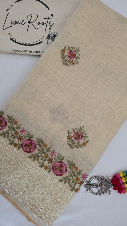 Ivory Embroidered Linen Tissue Silk Saree