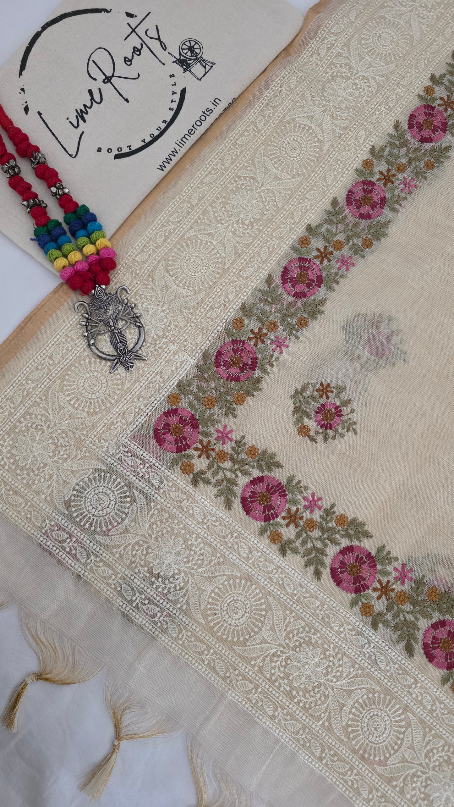 Ivory Embroidered Linen Tissue Silk Saree