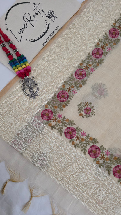 Ivory Embroidered Linen Tissue Silk Saree