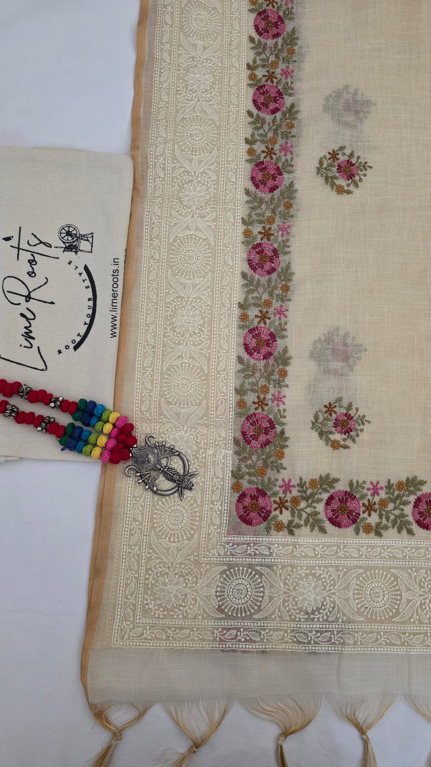 Ivory Embroidered Linen Tissue Silk Saree