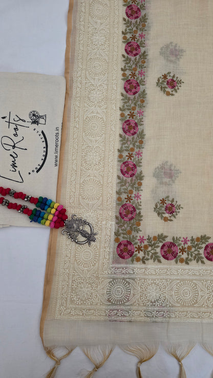 Ivory Embroidered Linen Tissue Silk Saree