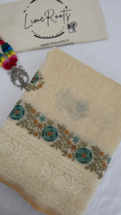 Ivory Embroidered Linen Tissue Silk Saree