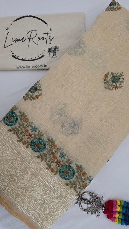 Ivory Embroidered Linen Tissue Silk Saree