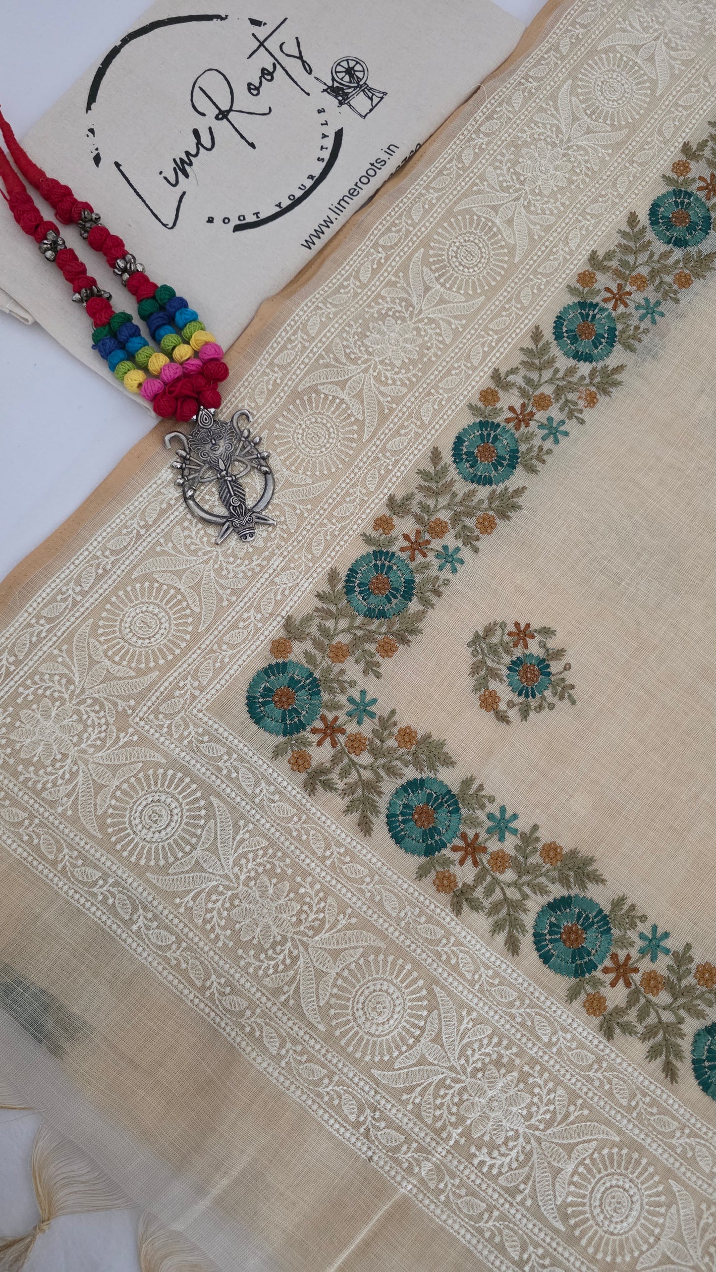 Ivory Embroidered Linen Tissue Silk Saree