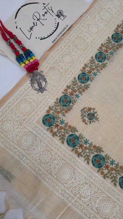 Ivory Embroidered Linen Tissue Silk Saree