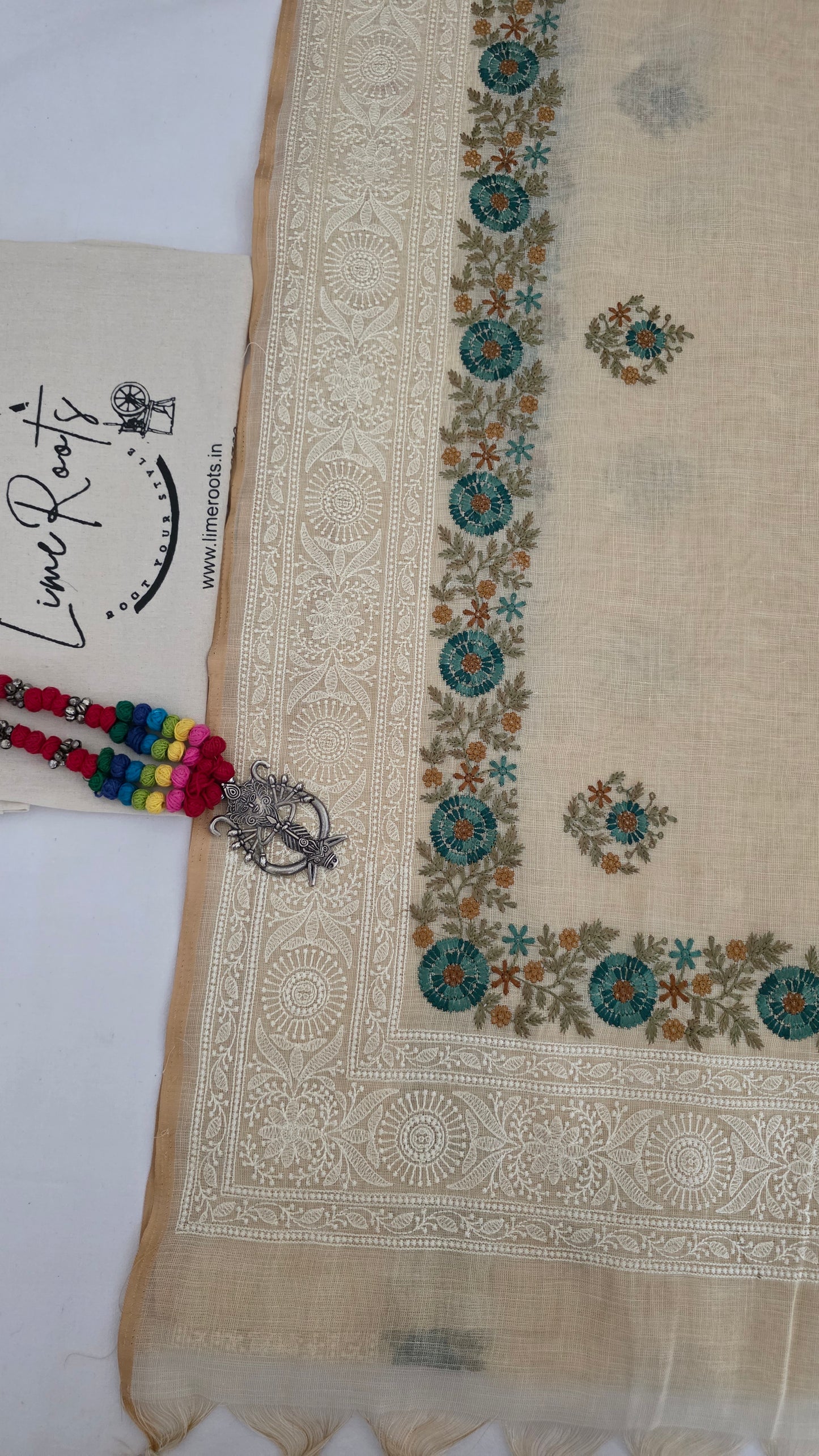 Ivory Embroidered Linen Tissue Silk Saree