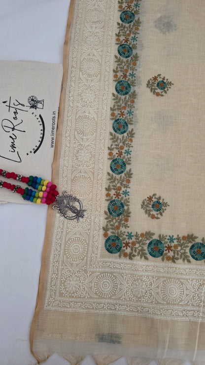 Ivory Embroidered Linen Tissue Silk Saree