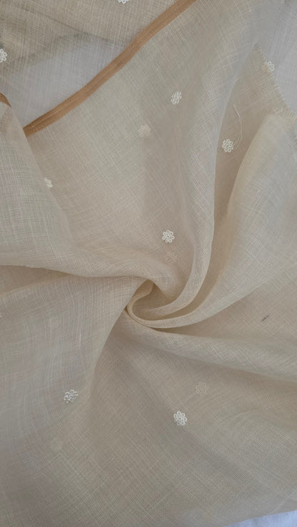 Ivory Embroidered Linen Tissue Silk Saree