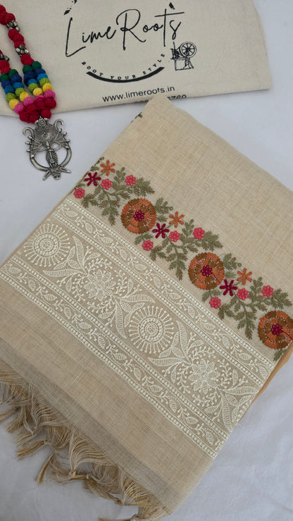 Ivory Embroidered Linen Tissue Silk Saree
