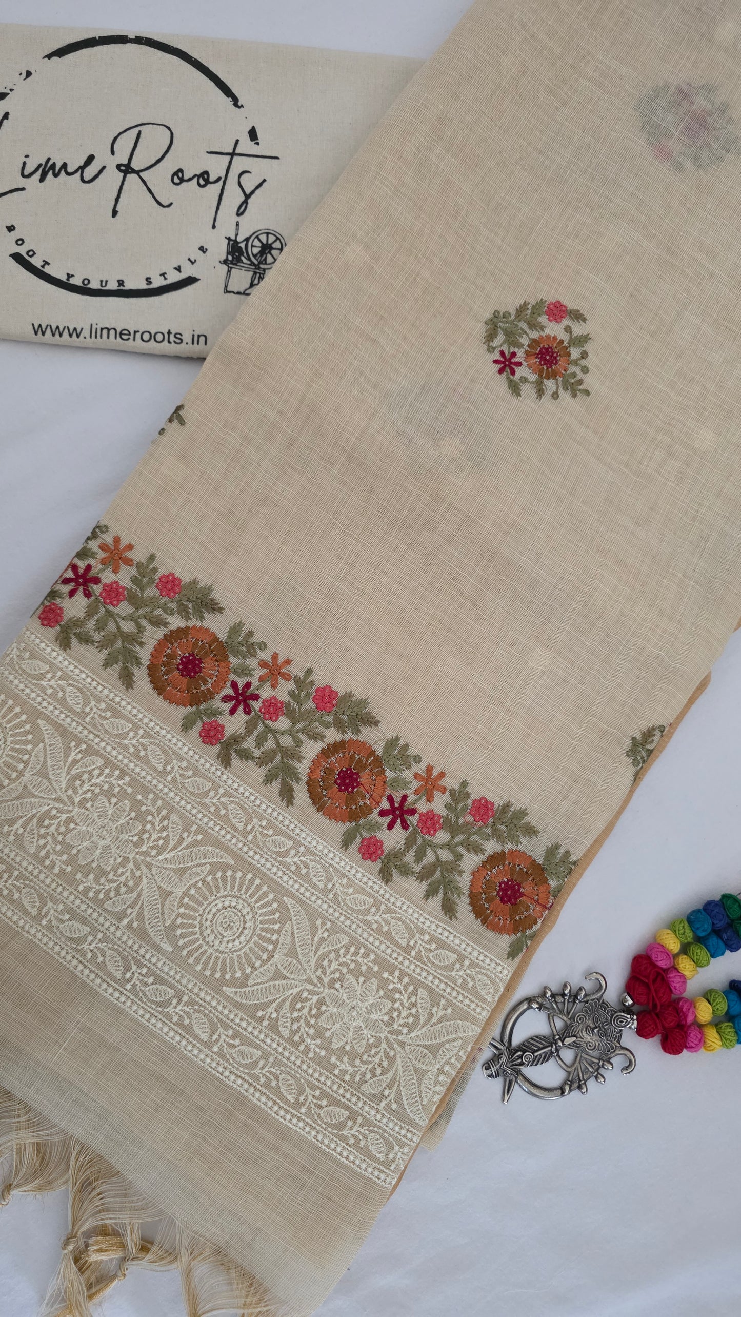 Ivory Embroidered Linen Tissue Silk Saree