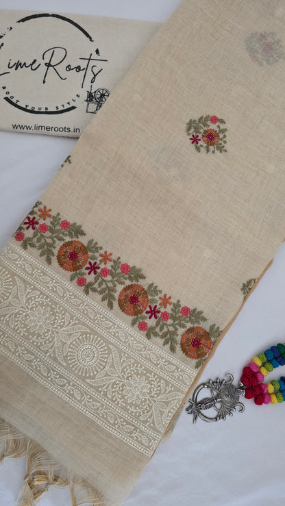Ivory Embroidered Linen Tissue Silk Saree