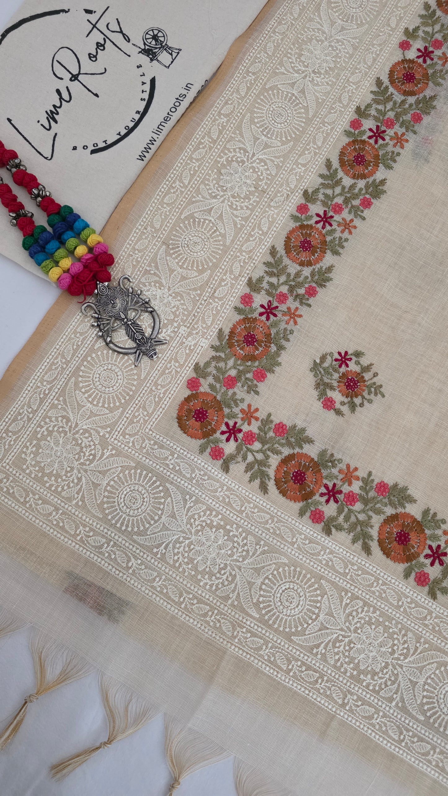 Ivory Embroidered Linen Tissue Silk Saree