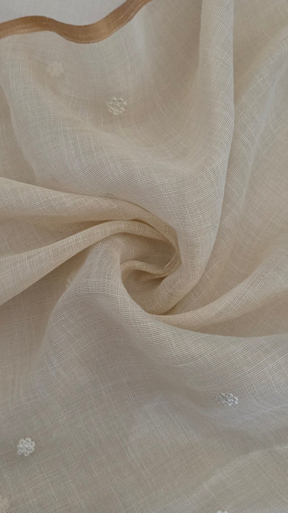 Ivory Embroidered Linen Tissue Silk Saree